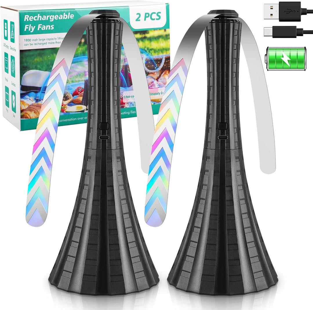 Fly Fans for Tables Rechargeable, 1800mah Table Fans to Keep Flies Away by Soft Blades, Fly Repellent Outdoor Patio, Camping Picnic Essentials, BBQ Party Supplies for Food, 2pcs (Black)
