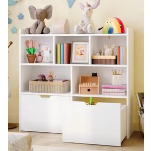 Garvee Toy Storage Organizer with Movable Drawers, Kids Bookshelf with Hidden Wheels & Open Cubbies, Multifunctional Floor Storage Chest for Playroom, White