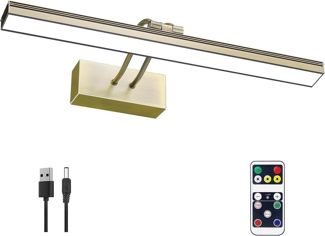 FUNCHDAY Picture Light,3CCT Battery Art Lights for Wall,Wireless Remote Painting Light with Timer and Dimmable,16Metal Display Lighting for Artwork,Portrait,Gallery-Antique Brass