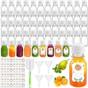 LemonRoad 100 Pcs 2oz Small Plastic Juice Bottles with White Cap Mini Reusable Clear Shot Jar with Lid Scale and Label for Ginger Liquid Drink Milk Beer Coffee Storage Container Portable Travel