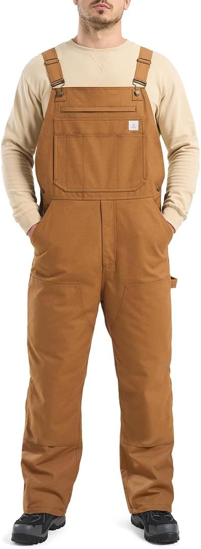 HISEA Insulated Bib Overalls for Men, Winter Water Resistant Duck Canvas Overall, Loose Fit Utility Workwear for Cold Weather (Large Tall, Brown)