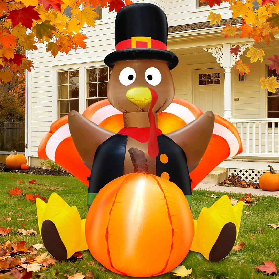 4 Foot Turkey Inflatable Thanksgiving Inflatables Outdoor Decorations Blow Up Turkey with Pumpkin Built-in LEDs Fall Thanksgiving Decorations for Home Outside Yard Lawn Garden Holiday Party