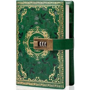 TIEFOSSI Vintage Leather Journal Notebook with Combination Lock, A5 Embossed Flower Secret Diary Ruled Lined Paper for Writing, Gift for Women Girls Children (Green)