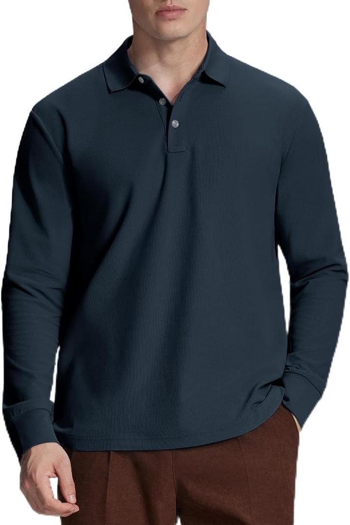 Susclude Men's Long Sleeve Polo Shirts - Classic Fit Comfy Casual Golf Office Business Shirts Holiday Stylish Collar Tops (Large)