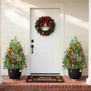 Lifecapido 2 Pack Outdoor Christmas Tree Urn Filler, 29.5 Inch Pre-lit Xmas Planter Bushes Filler with 50 LED Lights, Holiday Porch Decoration Xmas Trees with Pine Cones Red Berries for Yard Porch