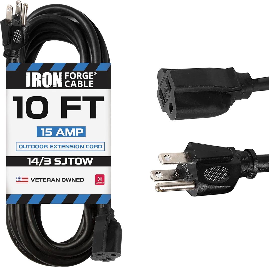Iron Forge Cable 14 Gauge Outdoor Extension Cord 10 Ft, SJTOW 14/3 Heavy Duty Black Extension Cord 3 Prong, Oil Resistant & Flame Retardant