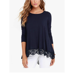 QIXING Women Tops Lace Trim O Neck A Line Tunic Blouse S