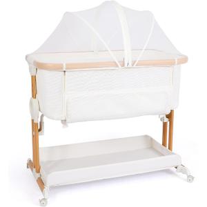 bicystar Baby Bassinet Bedside Sleeper 2 in 1 with Wheels, Breathable All Mesh with Mattress, Incline Option, 5 Adjustable Heights for Newborn to 6 Months Infant, Crib