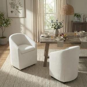 Upholstered Dining Chairs with Casters, Washable Cover Modern Dining Room Chairs with Barrel Backrest & Dual Armrest for Kitchen, Living Room, Bedroom, Linen Fabric, 2PCS (set of 2(2 BOX))