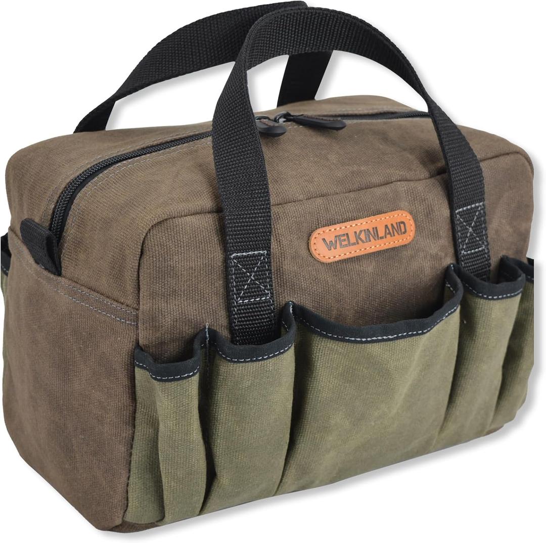 WELKINLAND 14-Pocket Waxed Canvas Tool Organizer - Heavy Duty Electrician's Tool Bag, Small Size