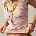 SOLY HUX Womens Lace Short Sleeve Coquette Crop Top Deep V Neck Fitted Casual Tee Shirts Aesthetic Clothes (Pink, S)