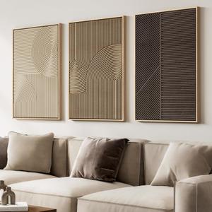 Large 3D Textured Framed Boho Neutral Abstract Wall Art for Living Room, 3 Piece Modern Artwork for Walls, Minimalist Beige Brown Tan Geometric Paintings for Hallway, Stair, Office Wall Decor 24x36 In