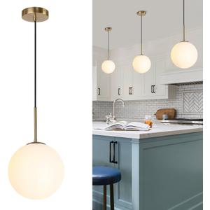10" Milk Glass Pendant Light Mid Century Modern Globe Hanging Light Fixtures for Dining Room Kitchen Island Bedroom, Gold (Brass)