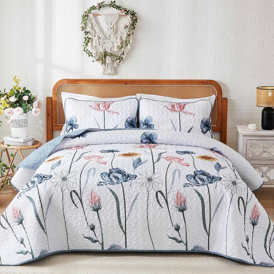 WONGS BEDDING King Set Quilt Set Floral,3 Pieces Blue & Pink Bedspread Coverlet Set Botanical Bedspreads Bed CoverQuilts Soft Lightweight Farmhouse Flower Bedding Set for Summer(104"x90")