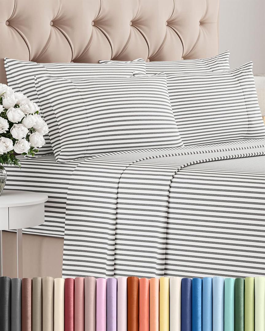 Full 6 Piece Sheet Set - Comfy, Breathable & Cooling - Soft Hotel Luxury Bedding for Women, Men, Kids, Teens and Children - 1 Flat & 1 Fitted Sheet & 4 Pillowcases with Deep Pockets - Grey Stripes 2