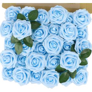 MACTING Artificial Rose Flowers 30PCS Real Touch Fake Flowers with Stem Foam Roses for DIY Wedding Bridal Bouquets Party Holiday Baby Shower Spring Home Mothers Day Decorations(Blue)