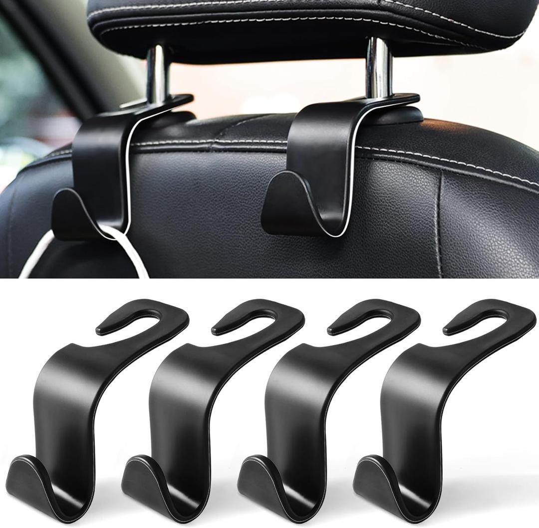 LivTee Car Seat Headrest Hook, Auto Seat Hook Hangers Storage Organizer Interior Accessories for Purse Coats Umbrellas Grocery Bags Handbag, 4-Pack (Black)