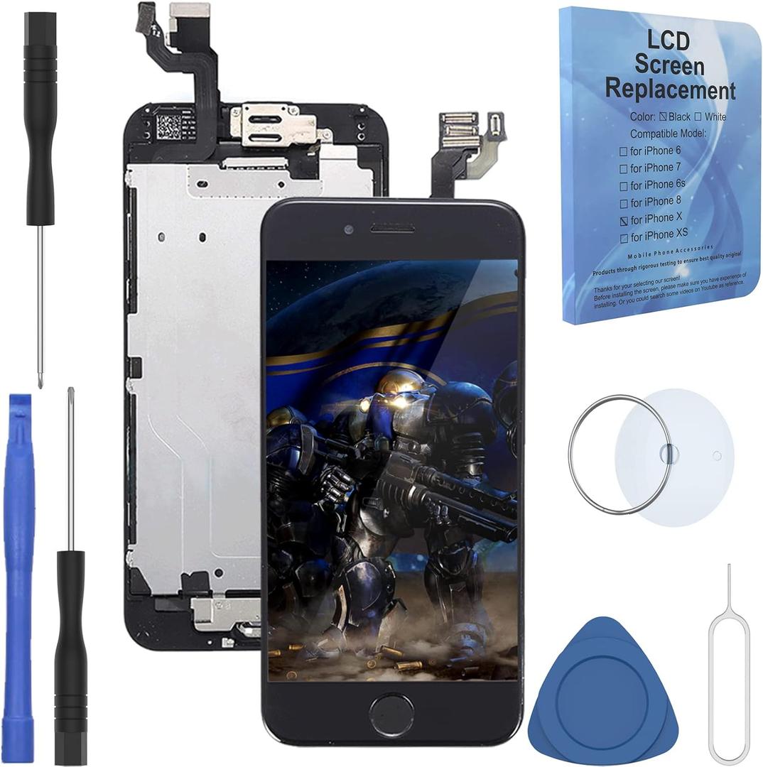 Black for iPhone 6 Plus 5.5 Inch LCD Screen Replacement with Home Button Front Facing Camera Ear Speaker Proximity Sensor Full Complete Frame Digitizer Display Assembly with Repair Tool kit