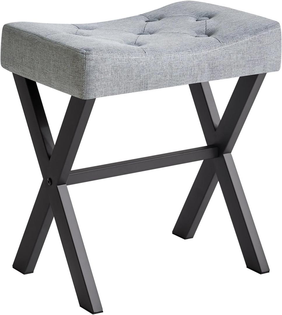 IBUYKE U-Shaped Linen Vanity Stool, Square Makeup Chair with X-Leg, Ottoman Seat Footrest Stool, Multi-Use as Small Side Table, for Bedroom, Living Room, Blue Gray WBD018L