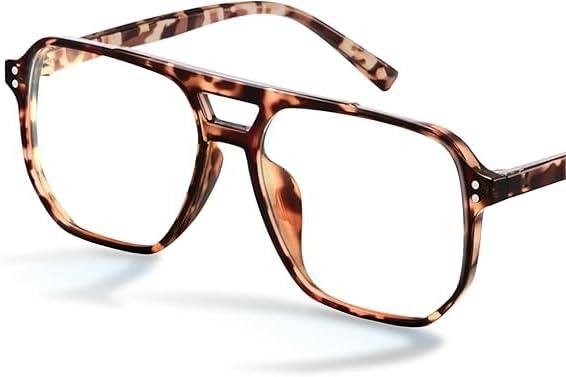 livho Blue Light Blocking Glasses, Fashion Fake Oversized Aviator Vintage Glasses, Retro Pilot Computer Glasses for Women/Men (*Leopard/Tortoise)