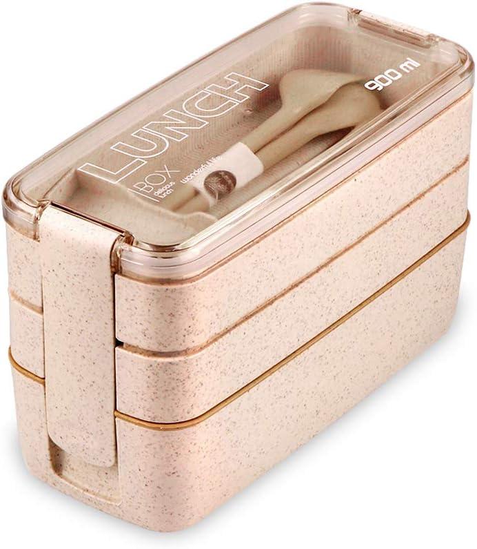 Iteryn Bento Adults Lunch Box, Stackable Bento Box, 3-In-1 Compartment - Wheat Straw, Leakproof Bento Lunch Box Meal Prep Containers (Khaki)