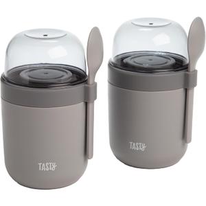 Tasty Travel Snack Cups with Spoons, On-The-Go Snacking, Divided Compartments, Great for Nuts, Cereal, Granola, Yogurt and More, Made Without BPA, 2-Pack, Gray