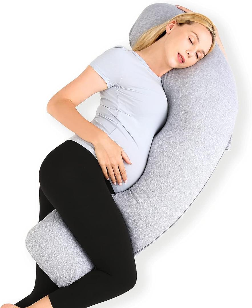 Momcozy Pregnancy Pillows for Side Sleeping, J Shaped Maternity Body Pillow for Pregnancy, Soft Pregnancy Pillow with Jersey Cover for Head Neck Belly Support, Grey, 1 Count