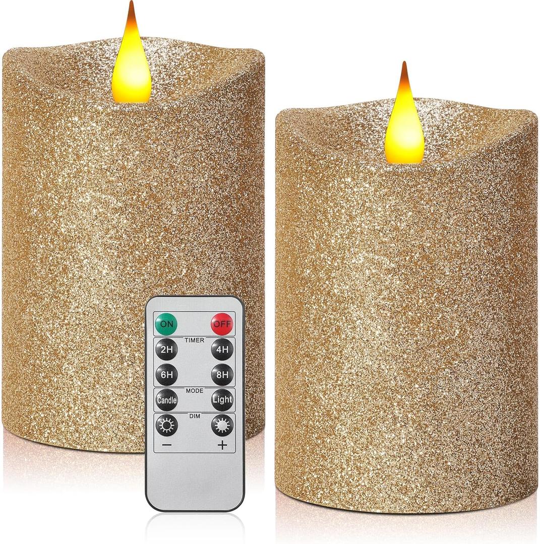 Retisee 2 Pcs Valentine's Day Glitter Flameless Candles, 3.5'' x 5'' Realistic Artificial Metallic Flame LED Candles Battery Operated Candle with Remote for Wedding, Birthday(Ivory)