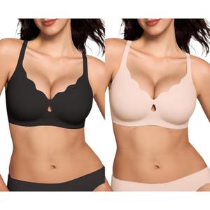 Wireless Bras for Women Wave Push Up No Underwire Bralettes Seamless Full Coverage Support Lift Everyday Bra (Large, Black+cream Skin)