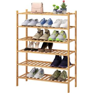 6-Tier Bamboo Shoe Rack for Entryway, Stackable | Foldable | Natural, Shoe Organizer for Hallway Closet, Free Standing Shoe Racks for Indoor Outdoor (Natural Bamboo)