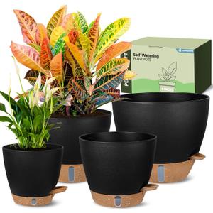 Self-Watering Pots for Indoor Plants 4 Pack, 6/8/10/12 Inch Outdoor Planters with Water Level Indicator & Deep Reservoir, Decorative Flower Pots for Home Decor (Black, 12+10+8+6 Inch)