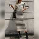 Womens Striped Sweater Dress Fall Knit Crewneck Long Sleeve Baggy Casual Long Dress Loose Autumn Winter Midi Dresses (S)