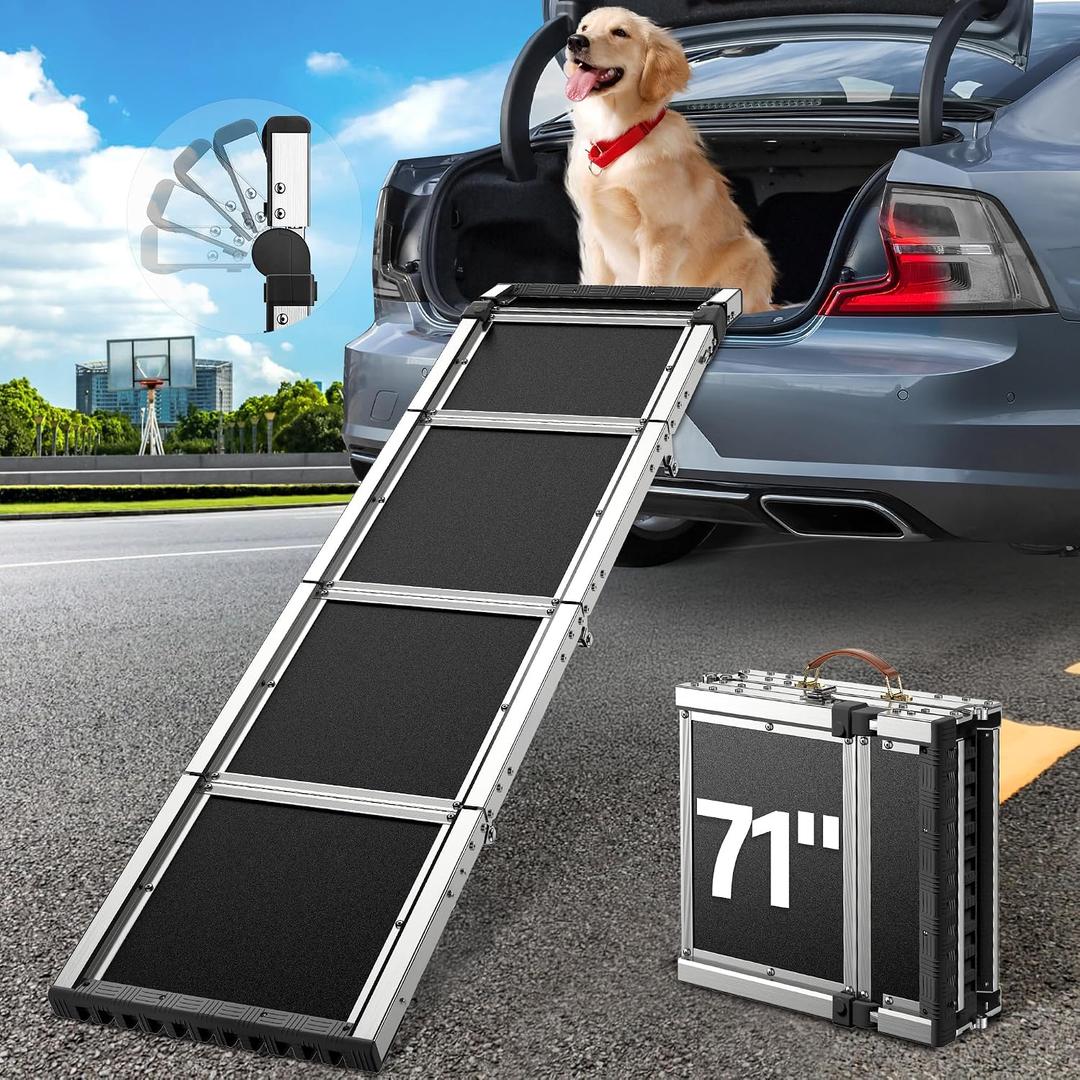71" Aluminum Alloy Dog Ramp for Car SUV Truck Side Door, Foldable Outdoor Pet Ramp with Adjustable Support Head, Non-Slip Traction Surface, Sturdy Ramp for Large Dogs Up to 200 LBS (5 Folded)
