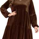 Women's Velvet Dress Long Sleeve Loose Flowy Swing Tunic Velvet Dress Plus Size Dress with Pocket (Brown, XL)