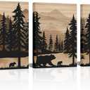 WELMECO Rustic Cabin Decor Bear Wall Art Framed Canvas Art Farmhouse Bedroom Bathroom Living Room Decor 12"x16" x 3 Pieces