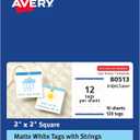 Avery Square Tags, Sure Feed Technology, 2" x 2", Matte White, Strings Included, 120 Total, Print-to-The-Edge, Laser/Inkjet Printable (80513)