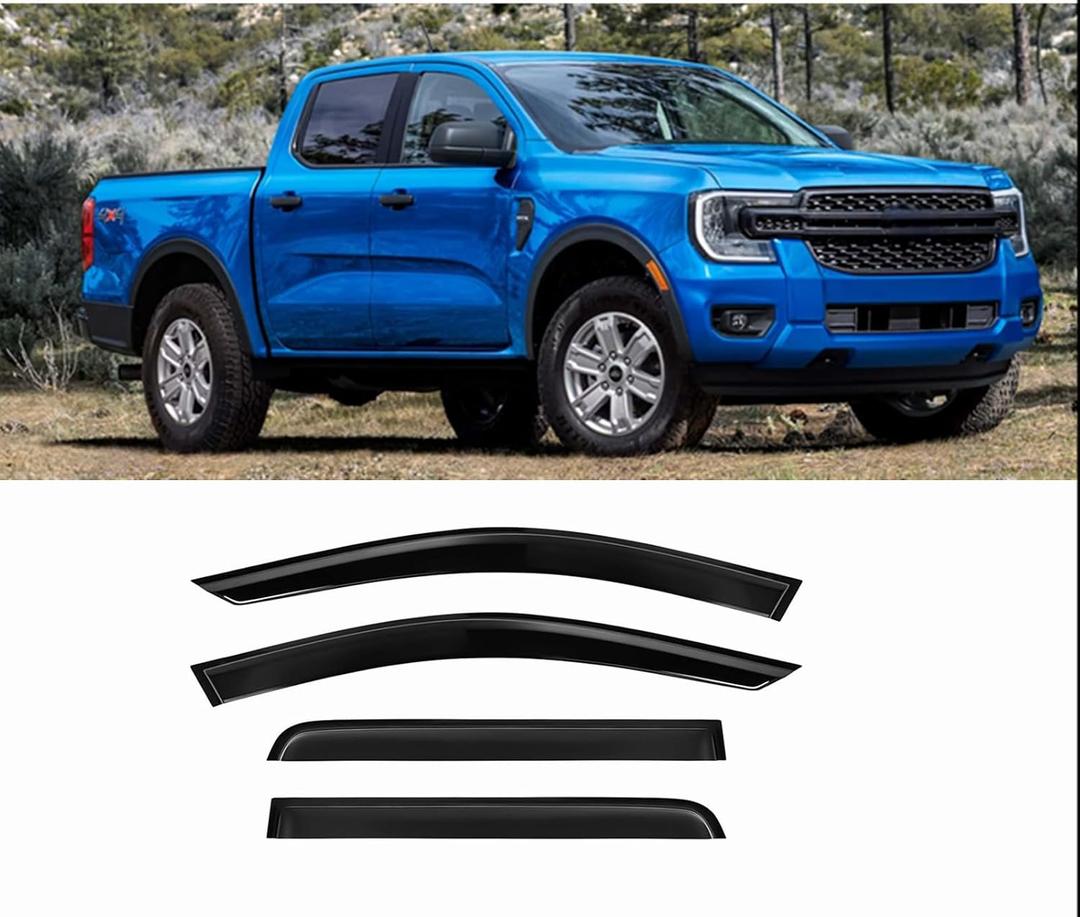 Tape-On Window Visors 4-Piece for 2024 2025 2026 Ford Ranger Sun Rain Guards Window Deflectors Vent Shield Shade Smoke