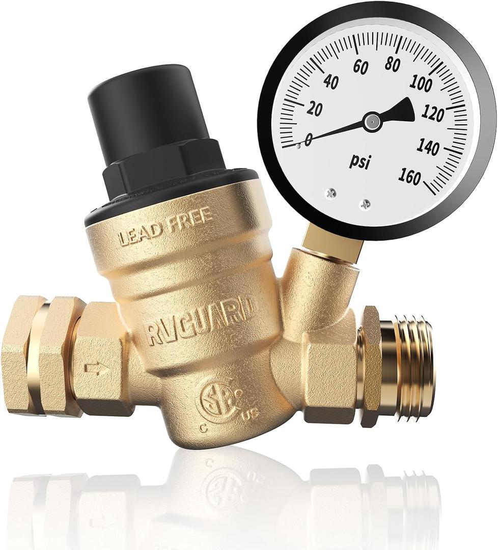 RVGUARD RV Water Pressure Regulator Valve, CSA Approved, Lead-Free Brass Adjustable Water Pressure Reducer with Gauge and Inlet Screen Filter for RV Camper Travel Trailer
