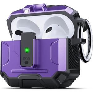 DASFOND Armor Cover AirPods 3 Generation Case, Military Grade Full Body Shockproof Protection Hard Case, Support Wireless Charging with Keychain, Magnetic Lid, Front LED Visible, Purple