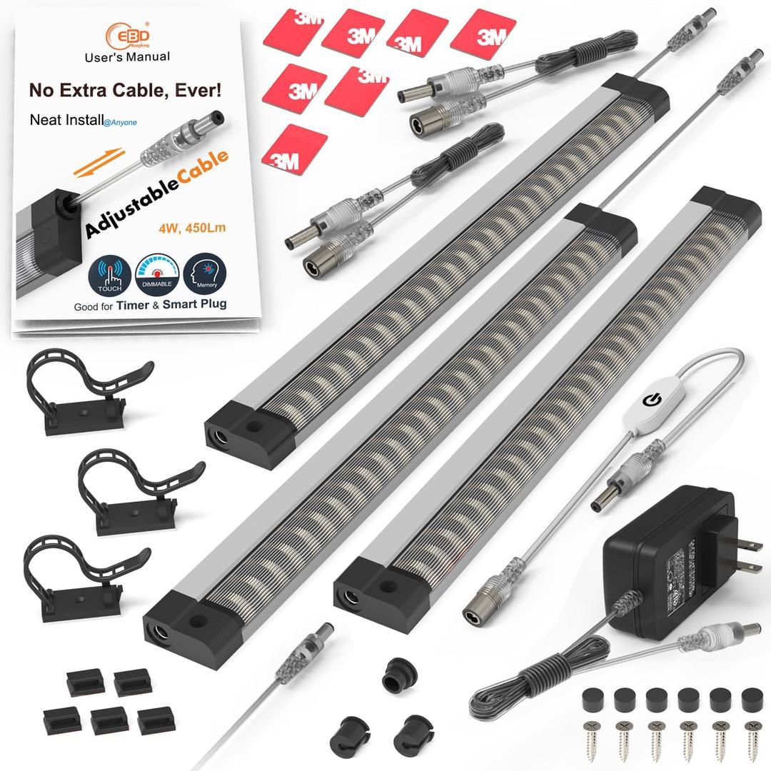 LED Under Cabinet Lighting Touch Cabinet Light Built-in Adjustable Cable No Messy Wires! 3 Panel Under Counter Lights for Kitchen Garage Pantry Closet 6500K 1350Lm Super Bright for Timer Smart Plug (Cool White 6500K)