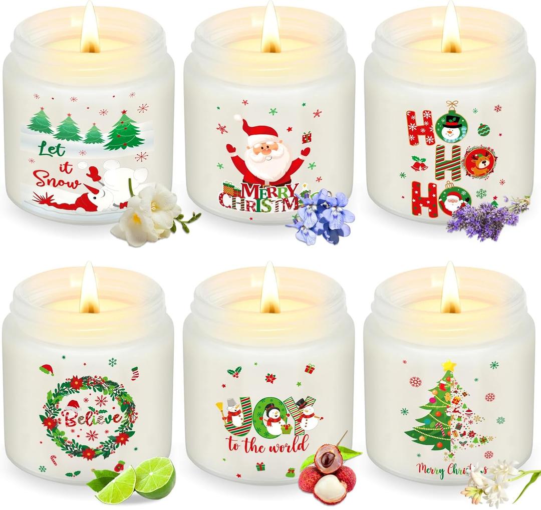 Heigble 6 Pcs Christmas Scented Candle Gift Set Bulk 3.5 oz Palm Wax Jar Candles for Home Xmas Holiday Winter Merry Christmas Cute Small Gift Stocking Stuffers for Women Men, 6 Scents