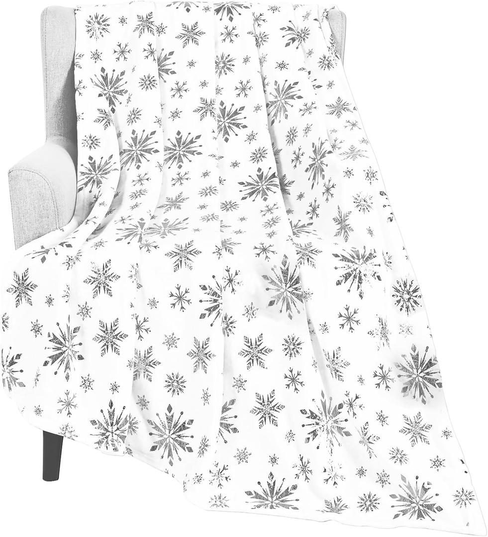 Merry Christmas Throw Blanket, Silver Snowflake Foil Print Throw Blankets, White Winter Fluffy Fleece Blanket for Couch Warm Bed Napping Flannel Blanket for Sofa Bedroom Gift Xmas Decor, 50" x 60"