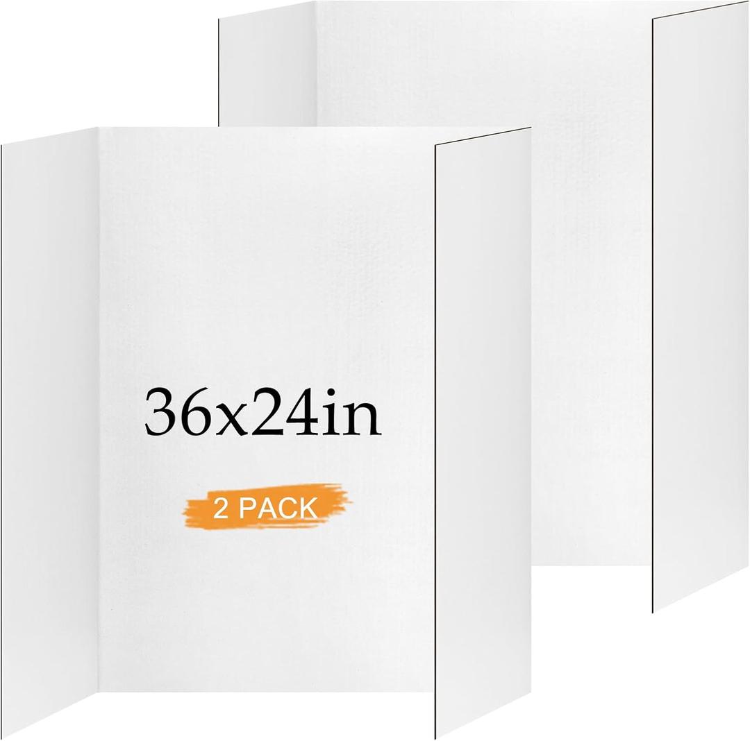 2 Pack Trifold Poster Board 36" x 24", White Corrugated Project Boards for Science Fairs, School Projects, Event Displays