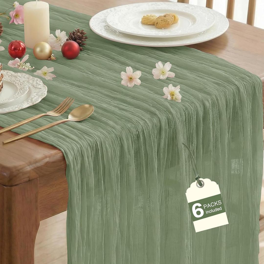 IVAPUPU 6 Pcs Cheesecloth Table Runner - 10ft Sage Green Spring Boho Gauze Cheese Cloth Table Runners for Baby Shower Decorations Wedding Party Garden Farmhouse