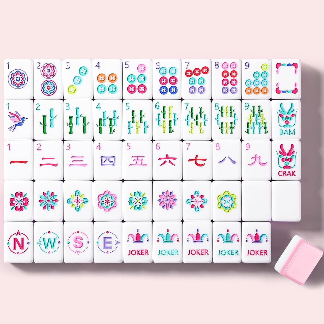 American Mahjong Game Set, 160 Pink Layered Mah Jong Tiles with Tile Bag, Gift-Ready Storage Box, 4 Dice with Pouch, Mahjong Travel Tiles Set, Western Mah Jongg, Majong, Majiang