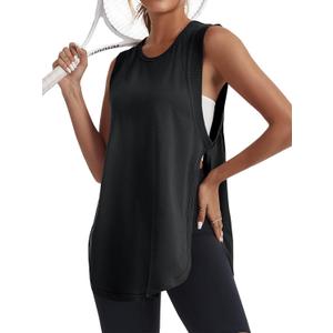 Tankaneo Women Oversized Sleeveless Side Slit Workout Summer Long Tank Tops (Black, S)
