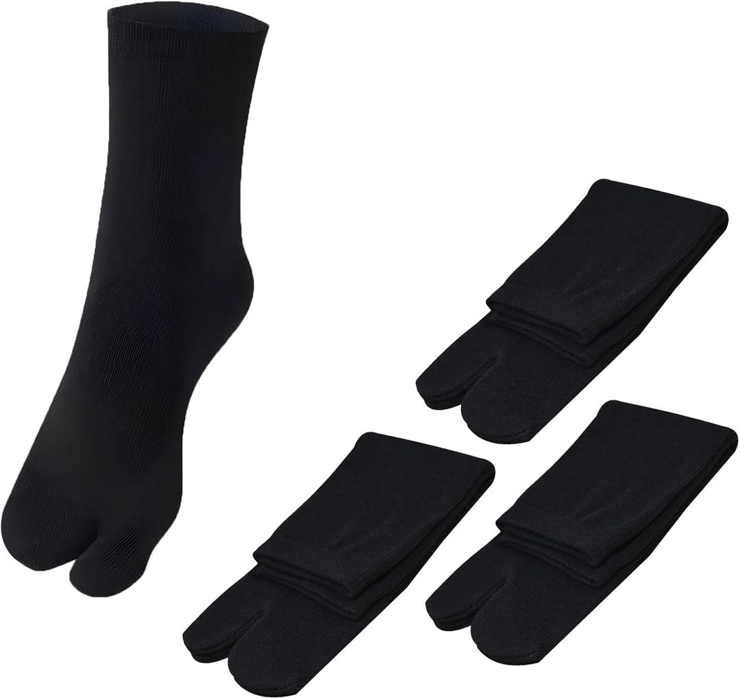 3 Pairs Japan Tabi Socks, Split 2 Toe Sandals Ninja Slipper Japanese Kimono Black