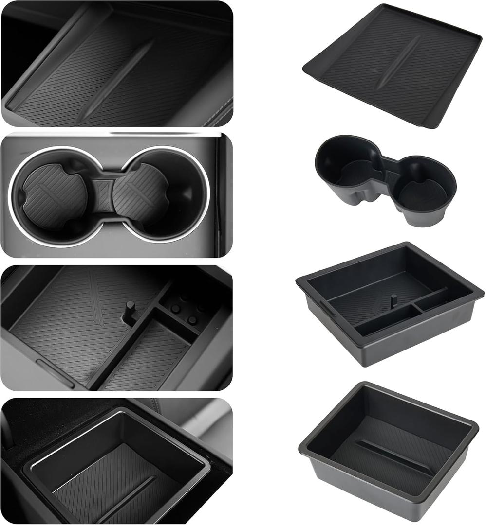 4PCS Center Console Organizer Tray for Tesla Model 3 Highland 2024 2025 Accessories Cup Holder Inserts, Armrest Storage Box, Center Console, Wireless Charging Pad Silicone Mat Black