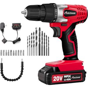 AVID POWER 20V MAX Lithium lon Cordless Drill Set, Power Drill Kit with Battery and Charger, 3/8-Inch Keyless Chuck, Variable Speed, 16 Position and 22pcs Drill Bits (Red) (1-red)