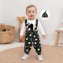 BeQeuewll Newborn Baby Boy Mardi Gras Outfit Letters Print Romper Striped Suspender Pants Overalls 3pcs Carnival Clothes Set  9-12M